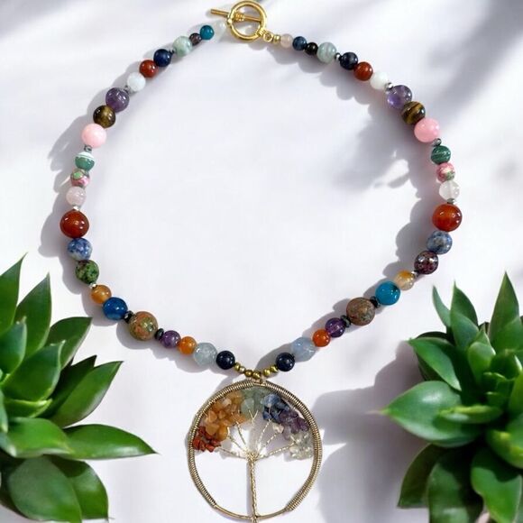 One of a Kind Genuine Gemstone Beads Tree of Life Chakra Pendant and Necklace - Picture 3 of 4